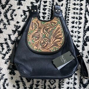 Myra Bag Minah Vista Black Leather Backpack with Tan and Green Tooled Panel
